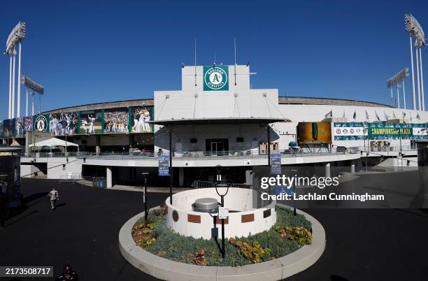 General view of the exterior of the RingCentral Coliseum is seen prior to the game between the Texas Rangers and the Oakland Athletics on Tuesday,...