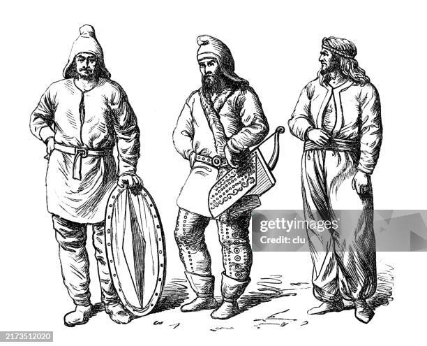 skythen in typischer tracht, mongolisches nomadenvolk im norden des schwarzen meeres - mongolischer abstammung stock-grafiken, -clipart, -cartoons und -symbole