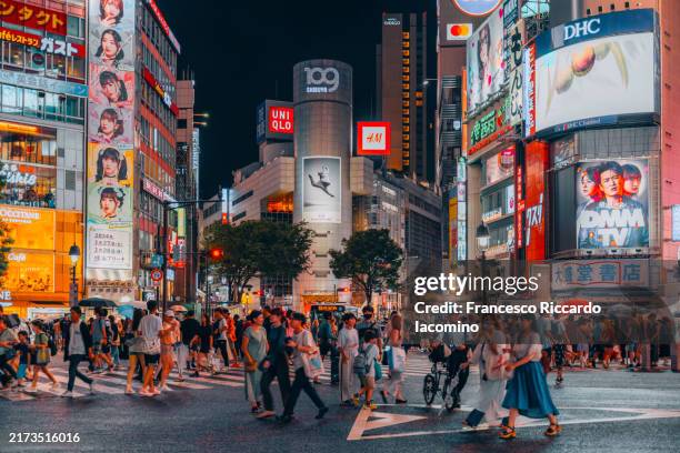 shibuya scramble crossing by night, tokyo - cruzamento de shibuya imagens e fotografias de stock