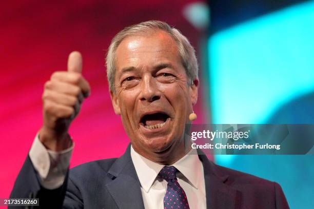 Nigel Farage Leader of Reform UK, gives a closing speech on day two of the Reform Party 2024 Conference at the National Exhibition Centre on...