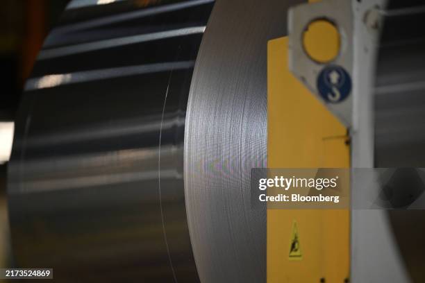 Roll of aluminium sheet used for beverage can production in storage at the Ball Packaging Europe Ltd. Manufacturing plant in Belgrade, Serbia, on...