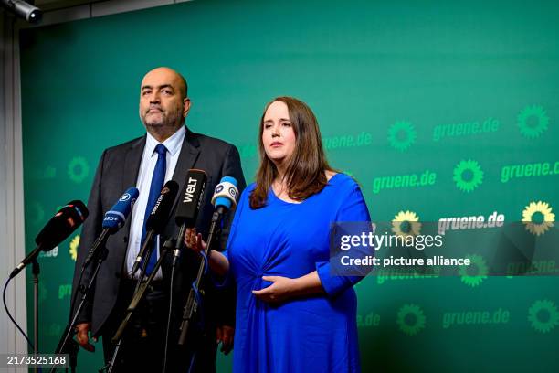 September 2024, Berlin: Green Party Chairwoman Ricarda Lang and Omid Nouripour speak at a press conference at the federal headquarters of Bündnis...
