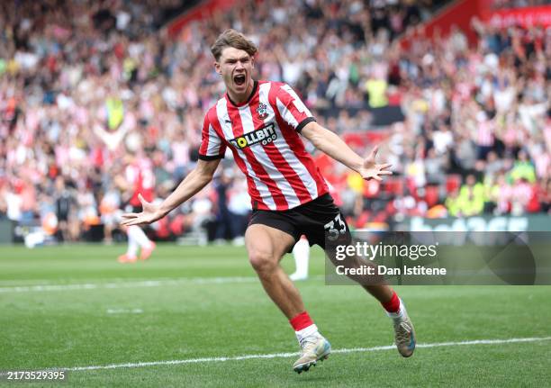 Tyler Dibling of Southampton celebrates scoring his team's first goal during the Premier League match between Southampton FC and Ipswich Town FC at...