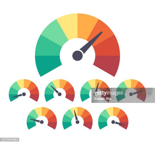 ilustrações de stock, clip art, desenhos animados e ícones de gauge level quality review measuring rating design elements - cartão de resultados