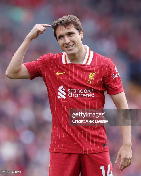 Federico Chiesa of Liverpool reacts during the Premier League match between Liverpool FC and AFC Bournemouth at Anfield on September 21, 2024 in...
