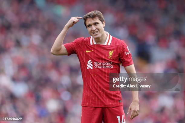 Federico Chiesa of Liverpool reacts during the Premier League match between Liverpool FC and AFC Bournemouth at Anfield on September 21, 2024 in...