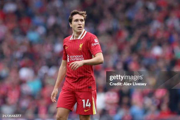 Federico Chiesa of Liverpool looks on during the Premier League match between Liverpool FC and AFC Bournemouth at Anfield on September 21, 2024 in...