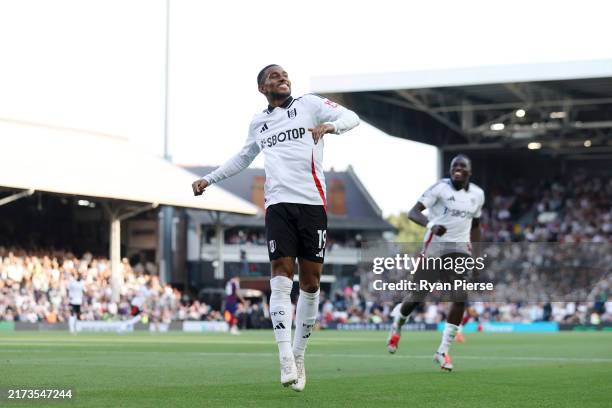 Reiss Nelson of Fulham celebrates scoring his team's third goal during the Premier League match between Fulham FC and Newcastle United FC at Craven...