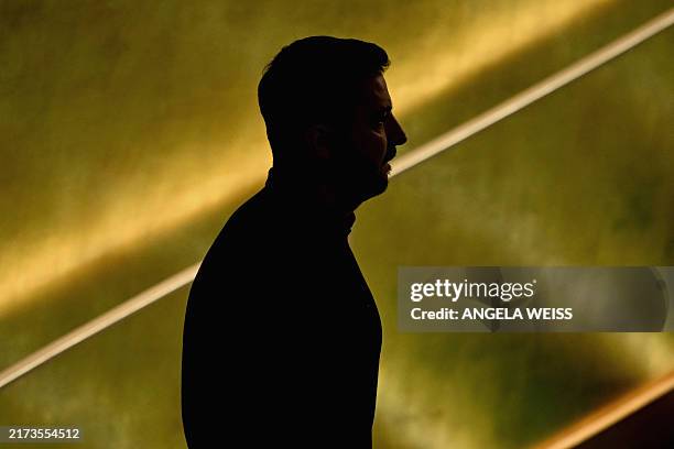 Ukraine's President Volodymyr Zelensky arrives to speak during the 79th Session of the United Nations General Assembly at the United Nations...