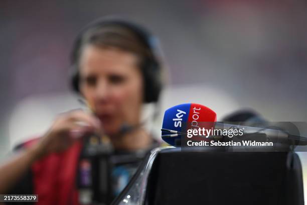 Microphone with the logo of sky sport is seen prior to the Bundesliga match between 1. FC Heidenheim 1846 and Sport-Club Freiburg at Voith-Arena on...