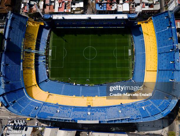 Aerial view of La Bombonera stadium prior to the Liga Profesional 2024 match between Boca Juniors and River Plate at Estadio Alberto J. Armando on...