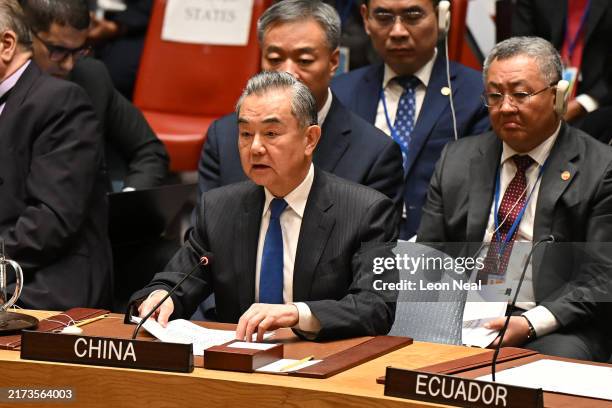 Wang Yi, Foreign Minister of China, attends the Security Council during the 79th United Nations General Assembly at the headquarters of the United...