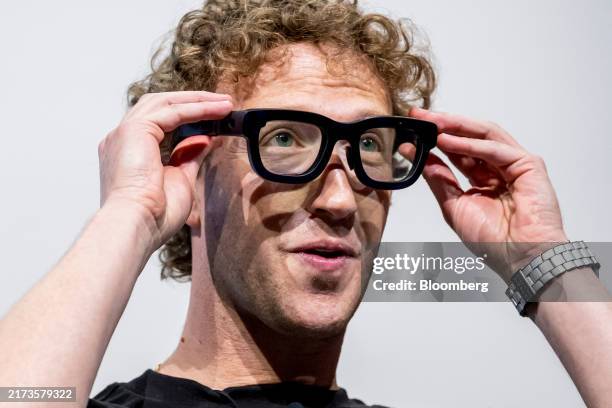 Mark Zuckerberg, chief executive officer of Meta Platforms Inc., wears Orion augmented reality glasses during the Meta Connect event in Menlo Park,...