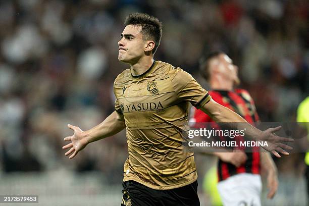Real Sociedad's Spanish forward Ander Barrenetxea celebrates after scoring the opening goal during the UEFA Europa League 1st round day 1 football...