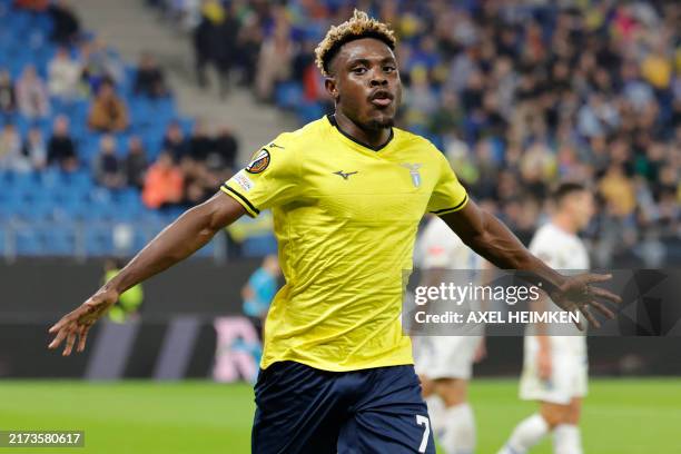 Lazio's Nigerian midfielder Fisayo Dele-Bashiru celebrates scoring his team's second goal during the UEFA Europa League football match between FC...