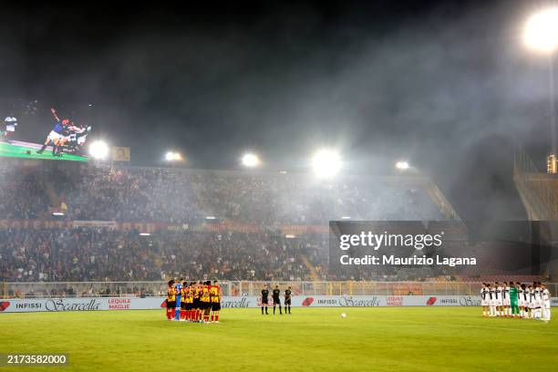 Players of Lecce and players Parma observe a minute of silence in memory of the death of Salvatore Schillaci prior the Serie A match between Lecce...