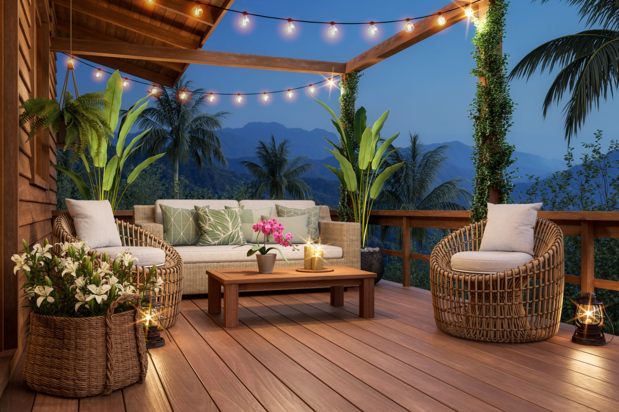 Relaxing night scene of wooden house balcony with mountain 3d render Relaxing night scene of wooden house balcony with mountain 3d render
