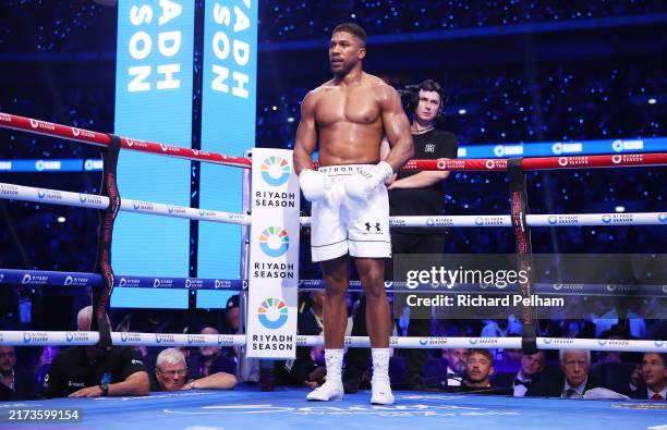 Anthony Joshua reacts being knocked down by Daniel Dubois during the IBF World Heavyweight Title fight between Daniel Dubois and Anthony Joshua, on...