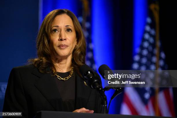 Vice President and Democratic nominee for President Kamala Harris speaks at an event hosted by The Economic Club of Pittsburgh at Carnegie Mellon...