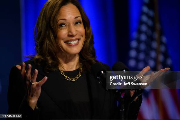 Vice President and Democratic nominee for President Kamala Harris speaks at an event hosted by The Economic Club of Pittsburgh at Carnegie Mellon...