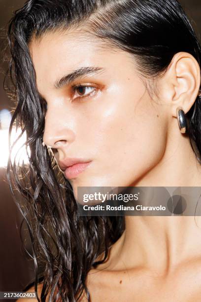 Paula Soares is seen backstage at the The Attico fashion show during the Milan Womenswear Spring/Summer 2025 on September 21, 2024 in Milan, Italy.