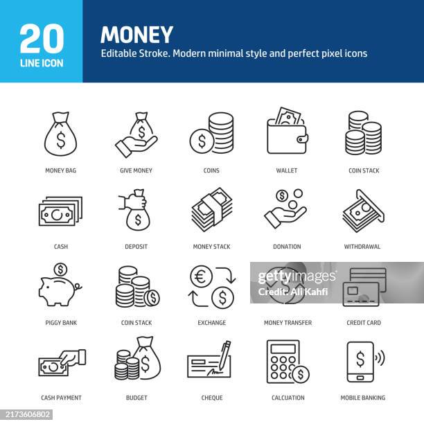 ilustraciones, imágenes clip art, dibujos animados e iconos de stock de iconos de línea de dinero. trazo editable. contiene finanzas, moneda, pago, colección de iconos de línea de depósito. ilustración vectorial. para diseño de sitios web, logotipos, aplicaciones, plantillas, interfaz de usuario, etc. - bolsa de dinero