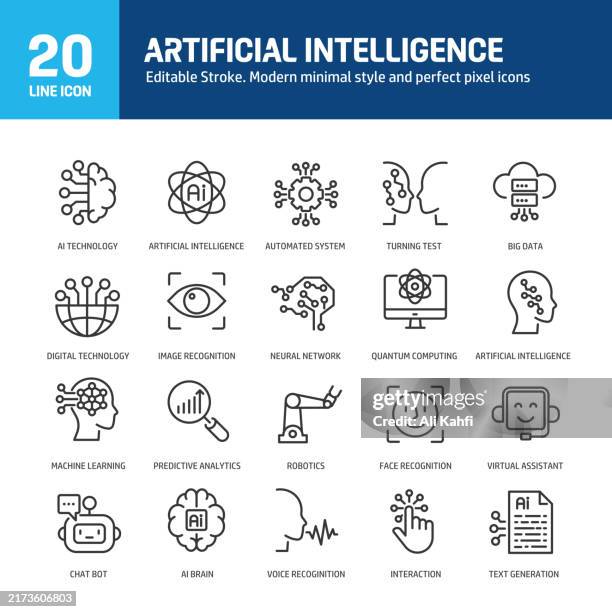 illustrazioni stock, clip art, cartoni animati e icone di tendenza di icone delle linee di intelligenza artificiale. tratto modificabile. contiene apprendimento automatico, robotica, riconoscimento, raccolta automatizzata di icone di linea. illustrazione vettoriale. per la progettazione di siti web, logo, app, template, ui, - digital transformation