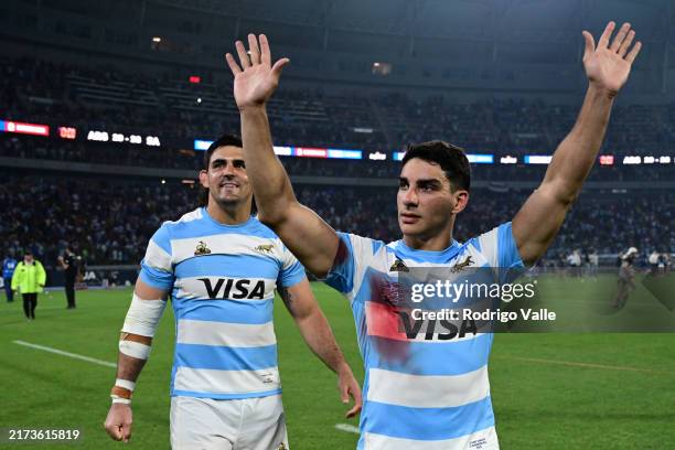 Santiago Carreras and Pablo Matera of Argentina celebrate after winning the Rugby Championship 2024 match between Argentina Pumas and South Africa...