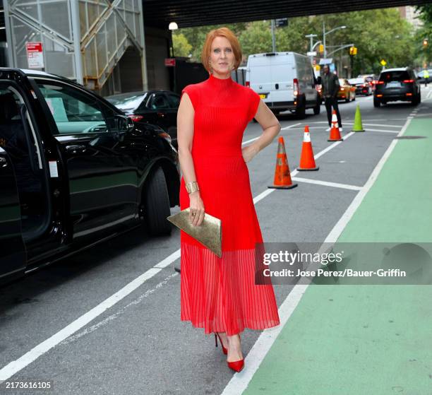 Cynthia Nixon is seen at the "And Just Like That" set in Downtown, Manhattan on September 25, 2024 in New York City.