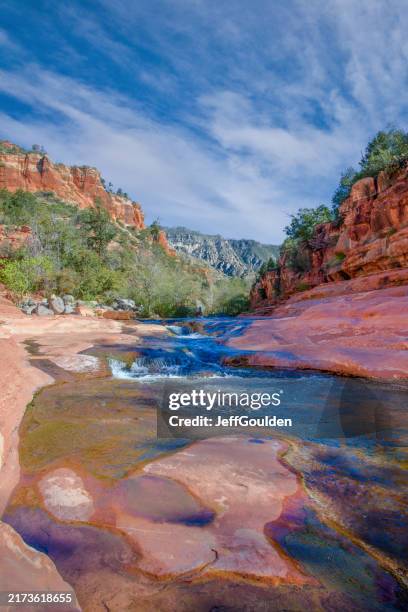 oak creek flowing through the red rocks - sedona stockfoto's en -beelden