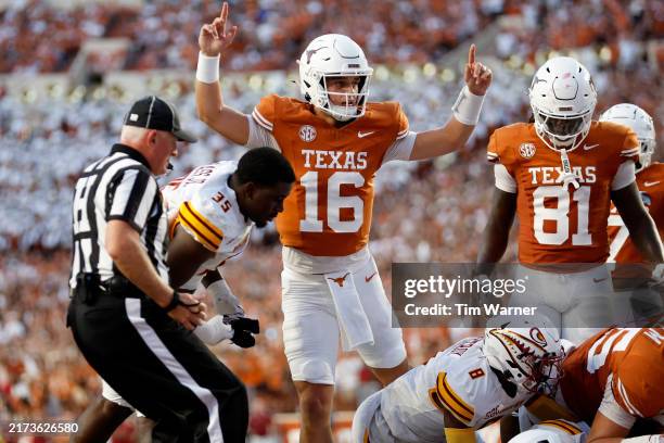 Arch Manning of the Texas Longhorns reacts after a rushing touchdown in the first quarter against the Louisiana Monroe Warhawks at Darrell K...
