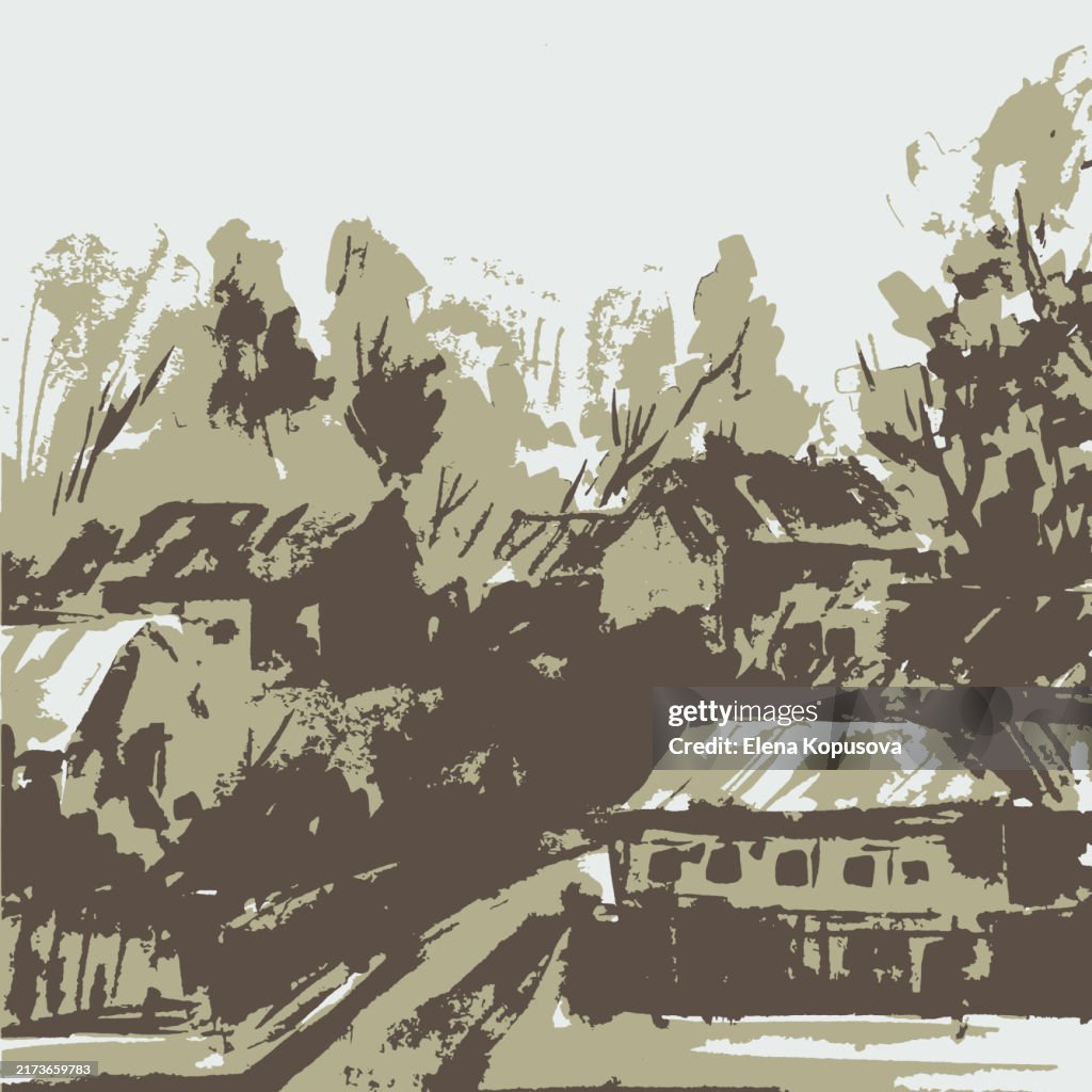 Non-urban autumn landscape with country road and road. Graphic vector author's illustration.