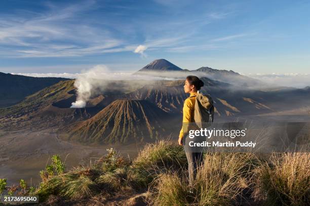 mature asian female tourist standing in front of mount bromo admiring view at sunrise - eruption stock-fotos und bilder