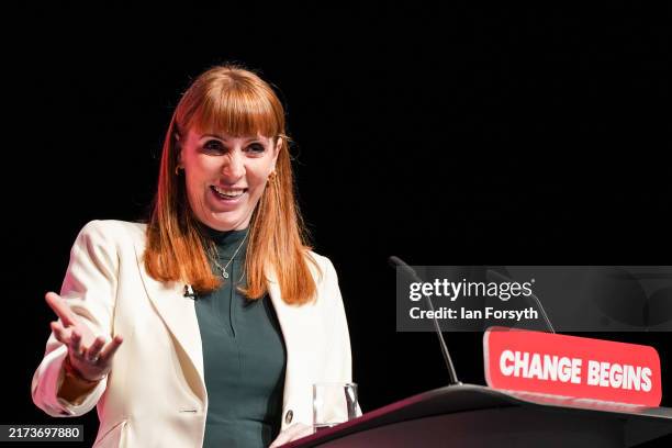Angela Rayner, Deputy Prime Minister and Secretary of State for Levelling Up, Housing and Communities delivers her speech on day one of the Labour...