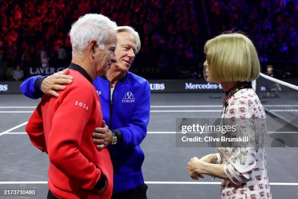 Anna Wintour speaks with John McEnroe, Captain of Team World, and Bjorn Borg, Captain of Team Europe, ahead of the Men's Singles match between Daniil...