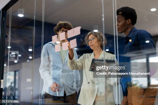 a business development team gathers in a modern office meeting room, brainstorming and discussing their business process improvement strategy. the team, consisting of a diverse group of professionals, uses post-it notes to organize ideas and refine. - resilience stock pictures, royalty-free photos & images