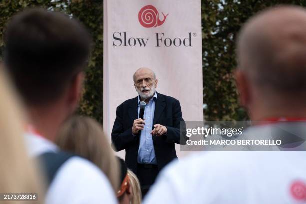 Founder of Slow Food Carlo Petrini speaks at the inauguration of Slow Food Salone del Gusto and Terra Madre on September 26, 2024 in Turin.