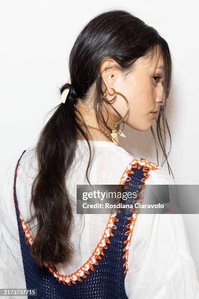 Model, hair detail, is seen backstage at the Luisa Spagnoli fashion show during the Milan Womenswear Spring/Summer 2025 on September 21, 2024 in...