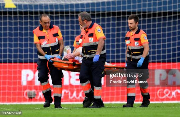 Marc-Andre ter Stegen of FC Barcelona is stretchered off during the LaLiga match between Villarreal CF and FC Barcelona at Estadio de la Ceramica on...