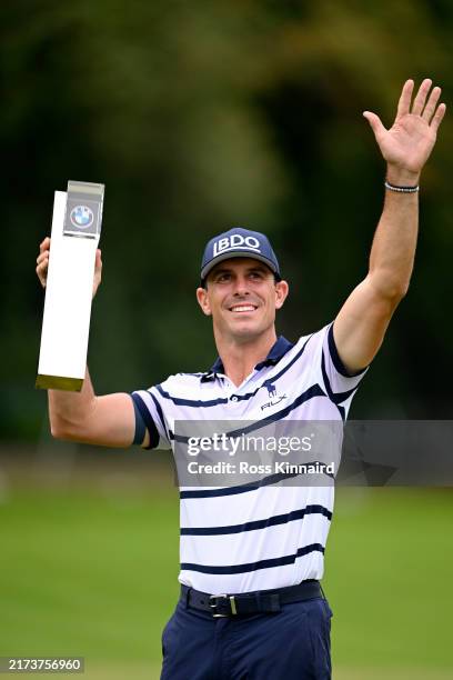 Billy Horschel of the United States celebrates with the trophy during day four of the BMW PGA Championship 2024 at Wentworth Club on September 22,...