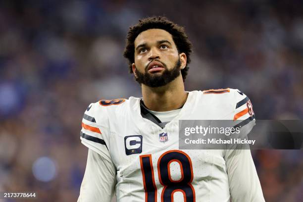 Quarterback Caleb Williams of the Chicago Bears looks on against the Indianapolis Colts during the second half of the game at Lucas Oil Stadium on...