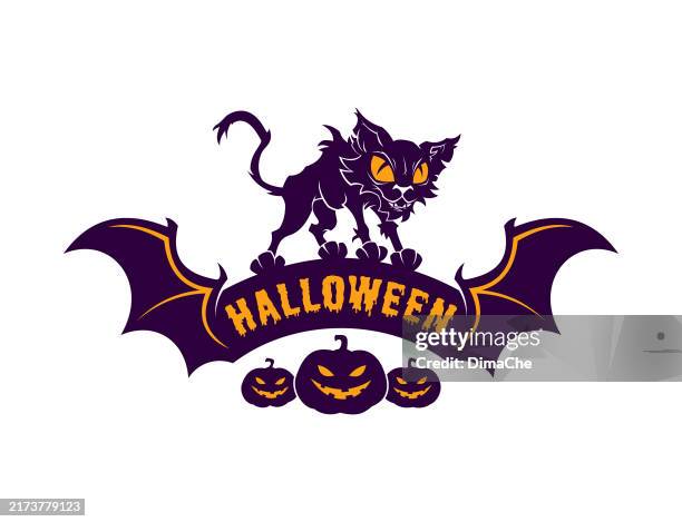 halloween emblem, greeting card, sticker with pumpkins and creepy cat standing on banner with bat wings and inscription halloween - flash sale stock illustrations
