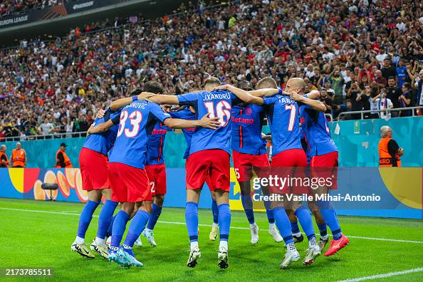Fcsb Rfs Players of FCSB celebrate the goal scored by Darius Olaru during the ...