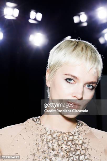 Model is seen backstage at the Ermanno Scervino fashion show during the Milan Womenswear Spring/Summer 2025 on September 21, 2024 in Milan, Italy.