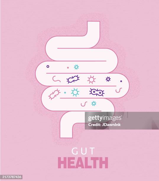 stockillustraties, clipart, cartoons en iconen met gut health concept human intestine with bacteria on textured pink background - darmen