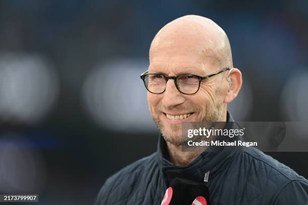 Jaap Stam looks on during the Premier League match between Manchester City FC and Arsenal FC at Etihad Stadium on September 22, 2024 in Manchester,...