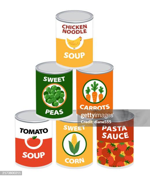 stack of nonperishable canned foods in a pyramid shape on a transparent background - canned food pyramid stock illustrations