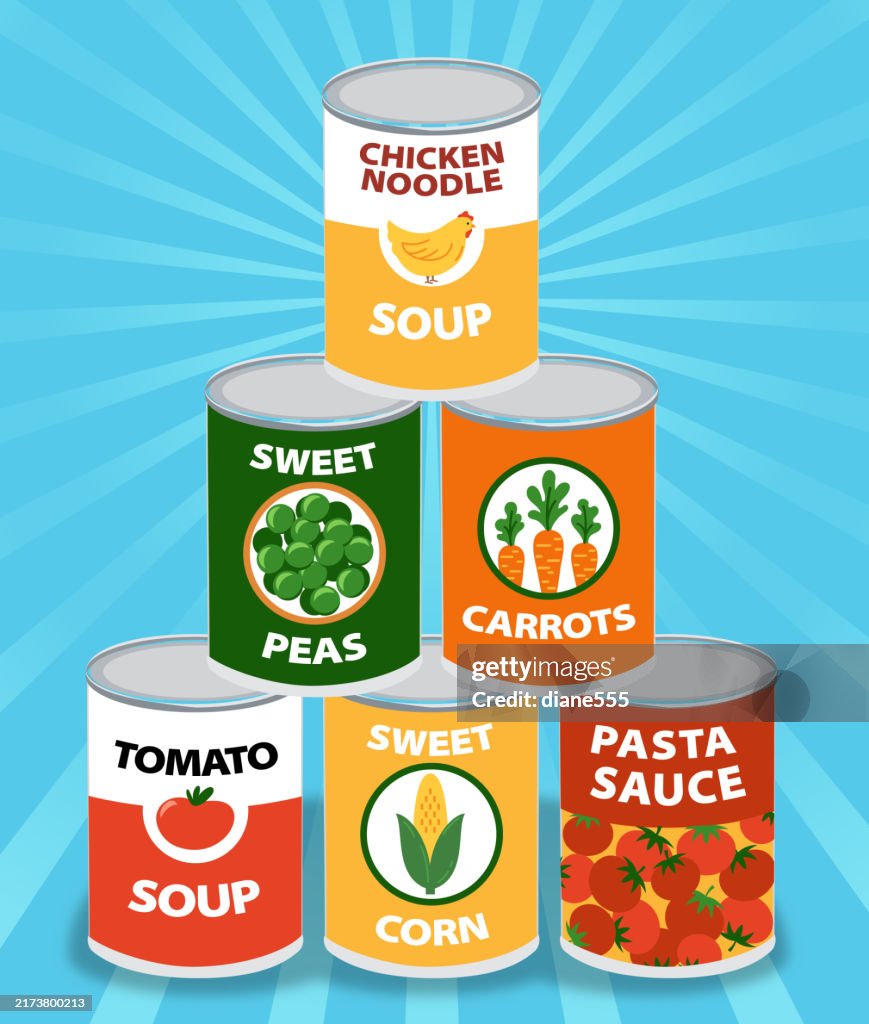 Stack Of Nonperishable Canned Foods In A Pyramid Shape On A Blue Starburst Background