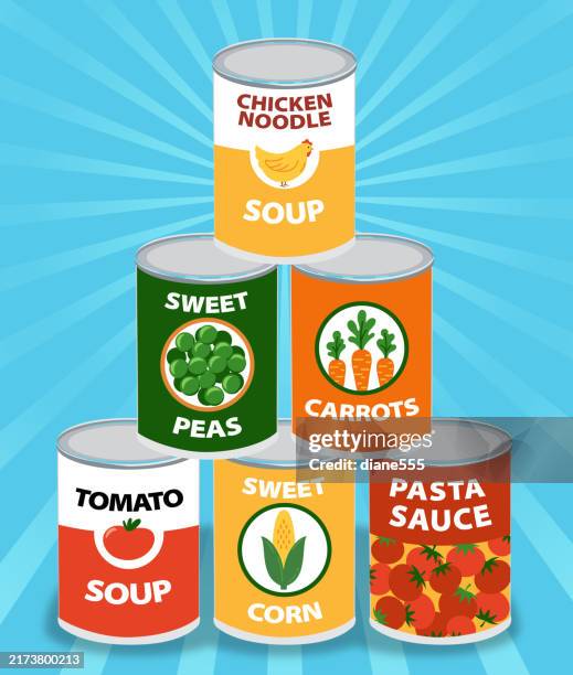 stack of nonperishable canned foods in a pyramid shape on a blue starburst background - chicken soup stock illustrations