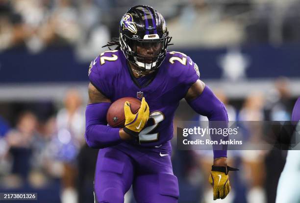 Derrick Henry of the Baltimore Ravens runs for a touchdown against the Dallas Cowboys during the third quarter at AT&T Stadium on September 22, 2024...